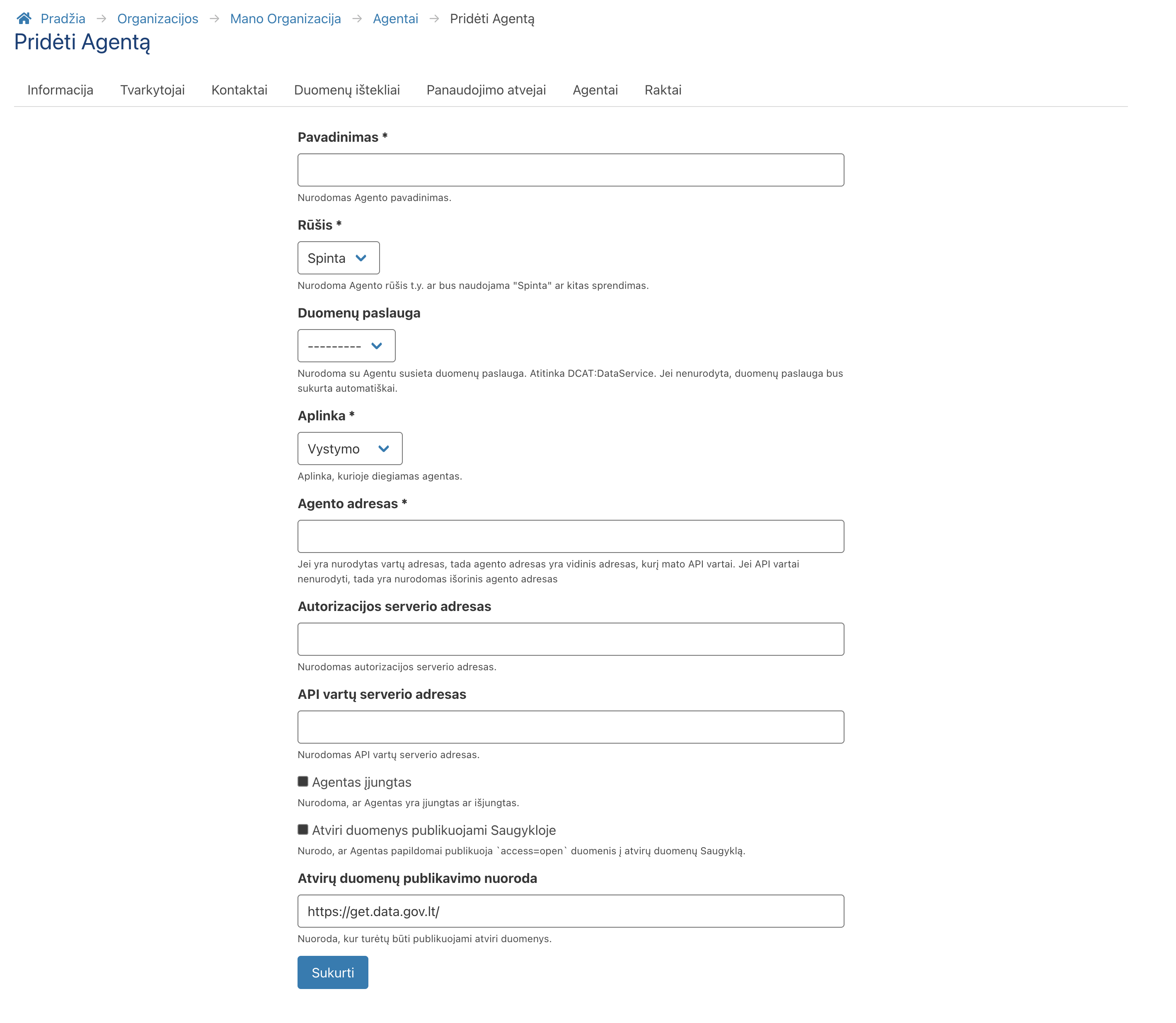 Agento kūrimo/redagavimo forma