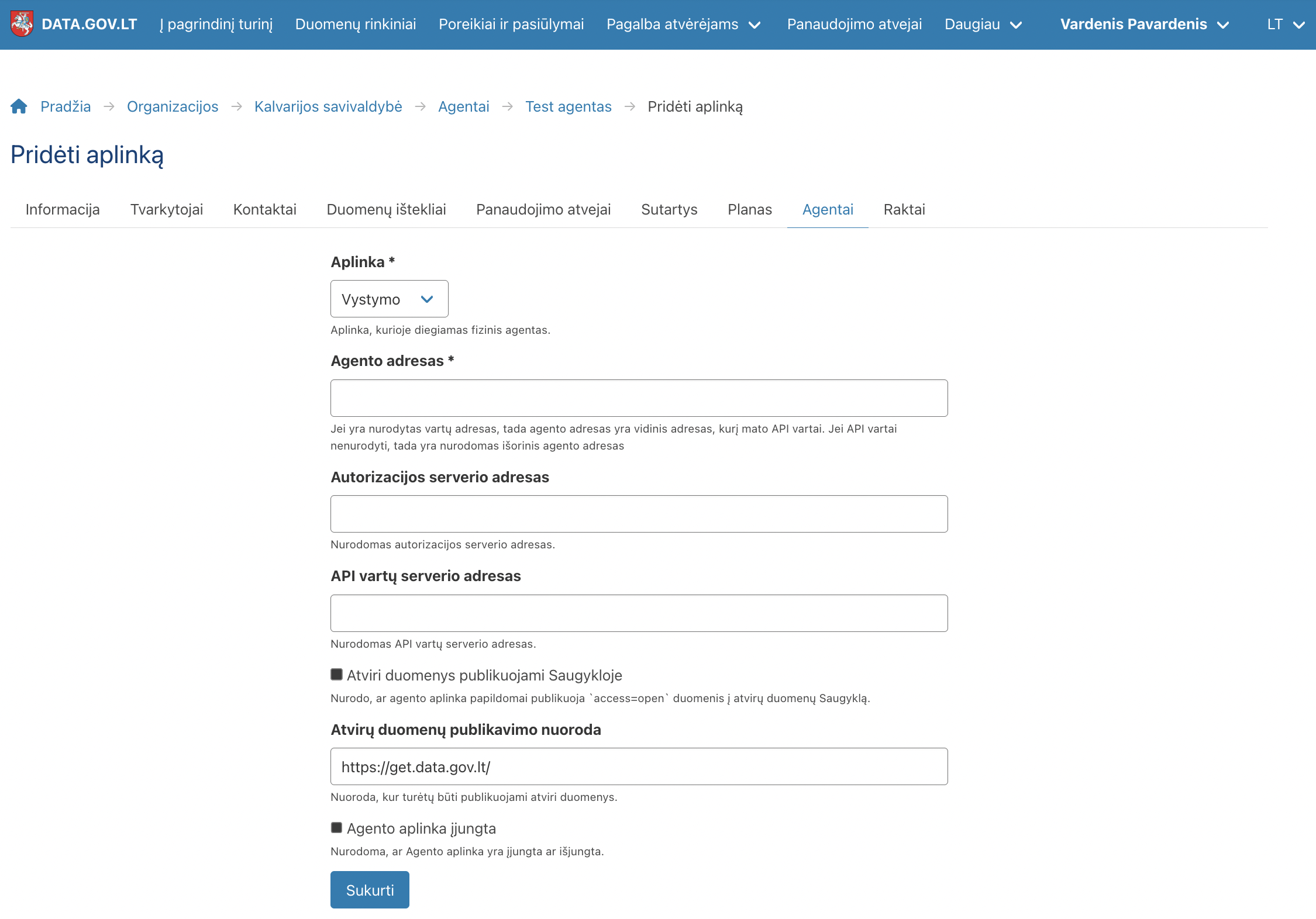 Agento aplinkos forma