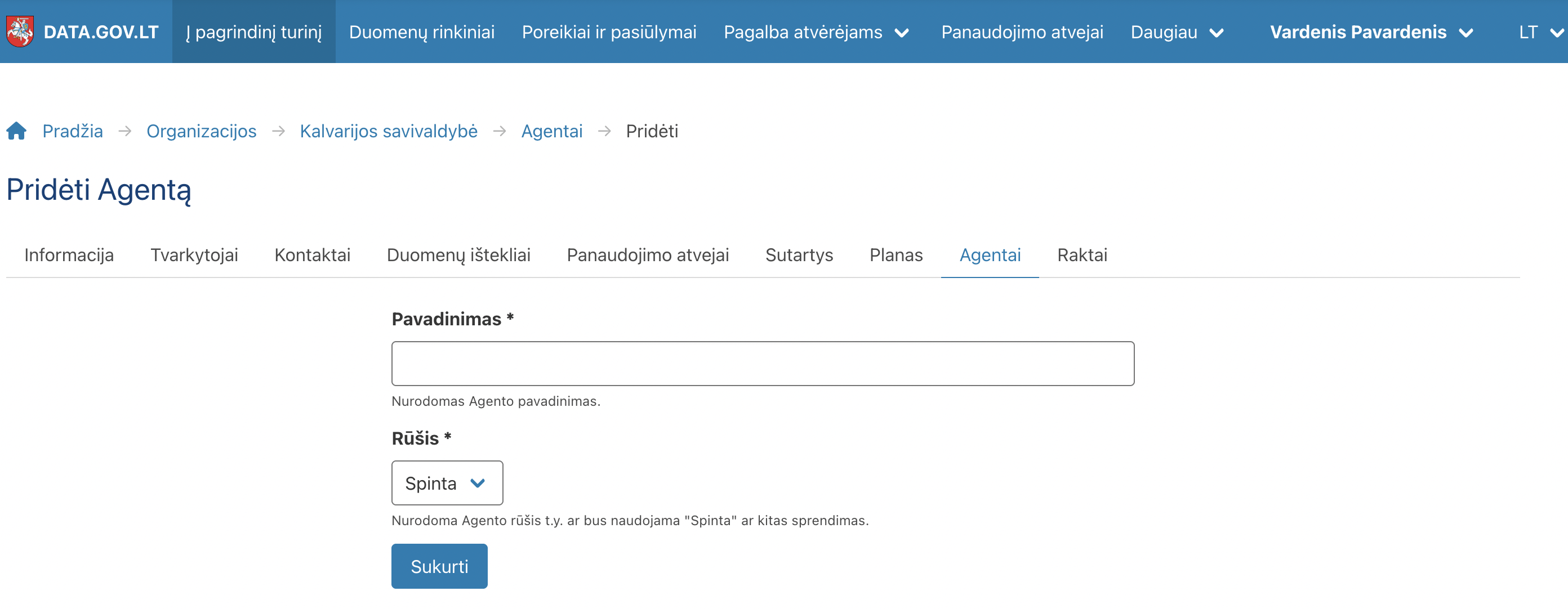 Agento kūrimo/redagavimo forma